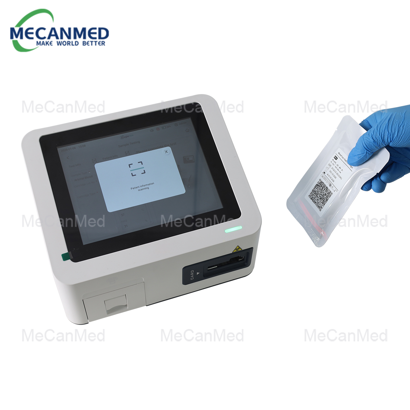 2.1 A MECANMED blood gas analyzer unit with a test cartridge and its packaging, displayed alongside the brand logo.