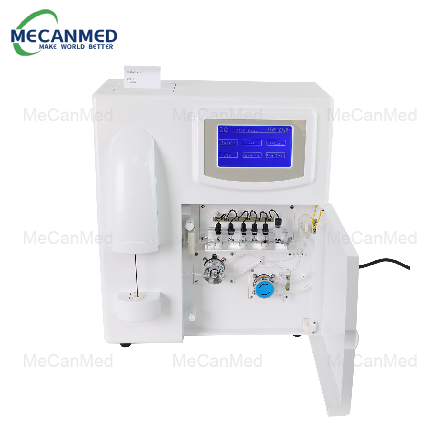 2.1 MECANMED electrolyte analyzer with open cabinet showing internal components and a display showing operational menu.