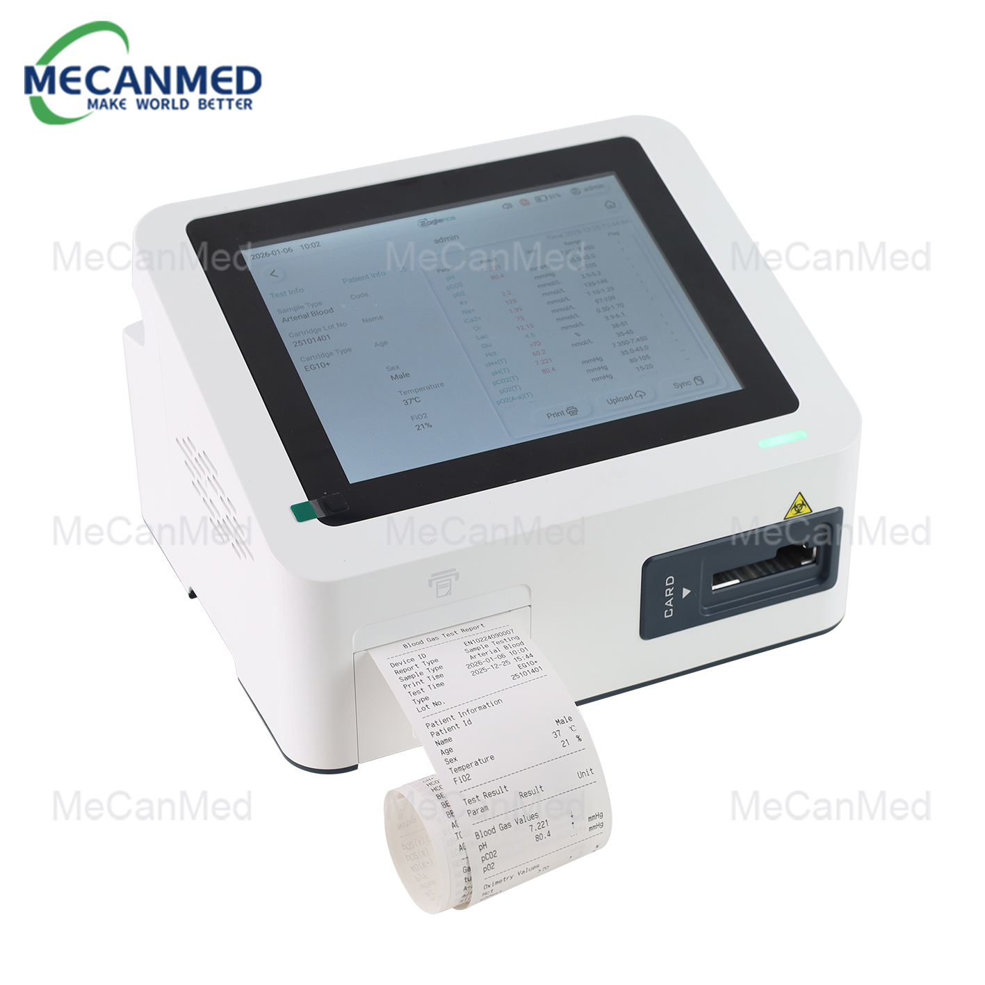 4.1 MECANMED blood gas analyzer displaying on-screen test results and printing a patient report.