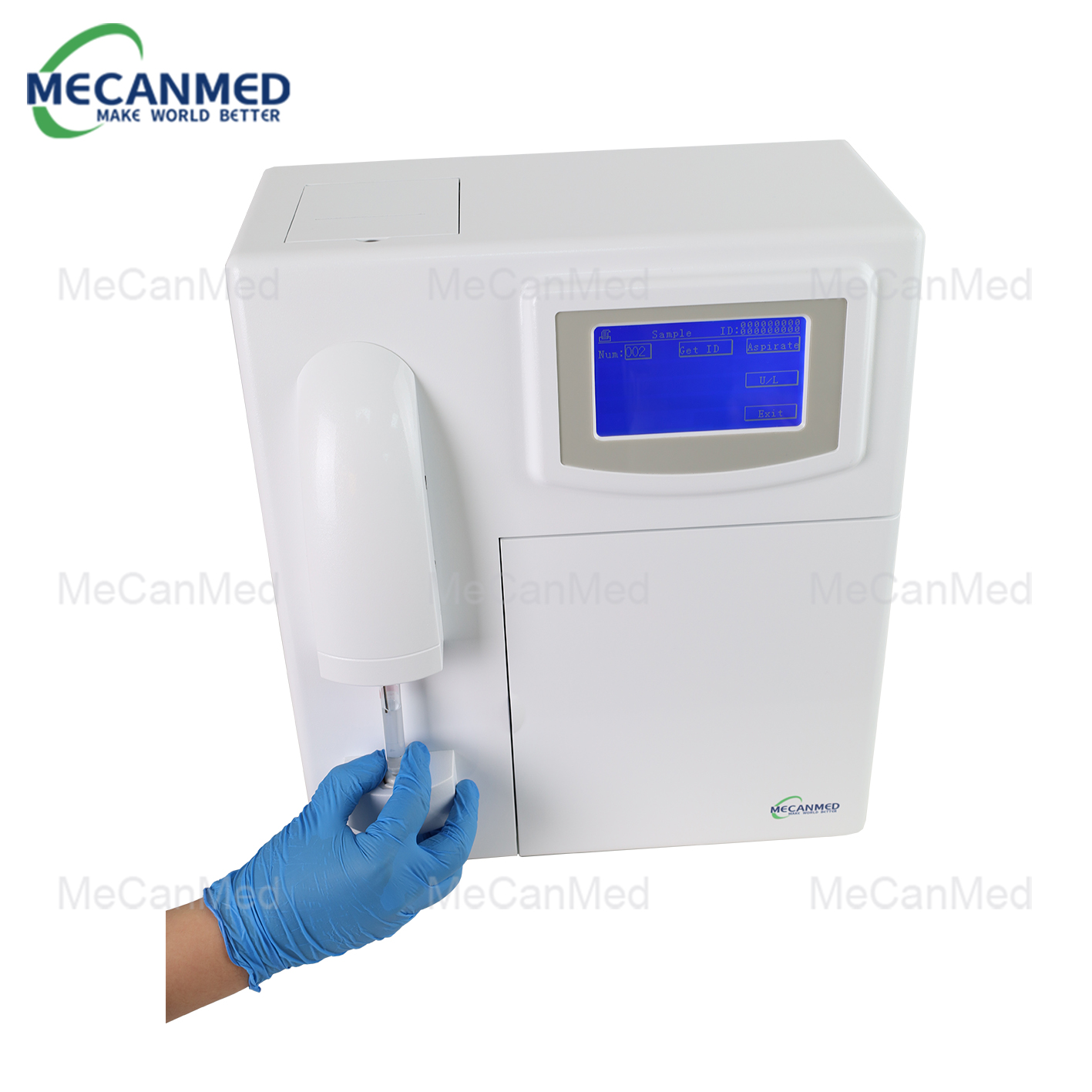 4.1 A gloved hand loading a sample tube into the MECANMED electrolyte analyzer with a display showing test parameters.