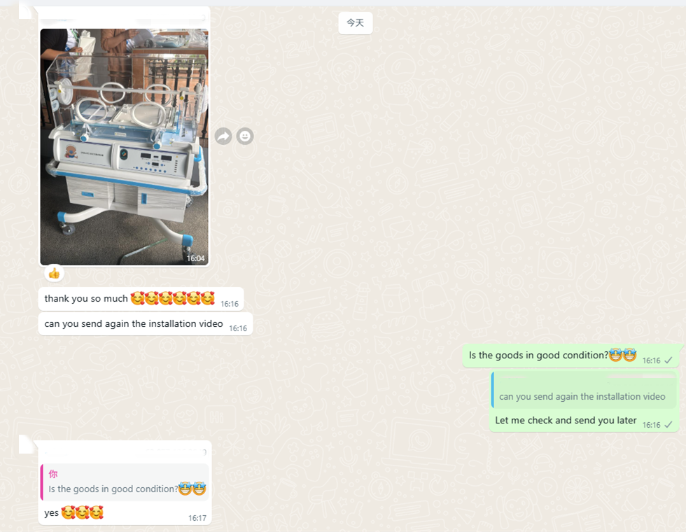 Feedback tal-klijenti dwar l-installazzjoni b'suċċess tal-inkubatur tat-trabi permezz tal-gwidi tal-vidjo MeCanMed fil-Filippini.