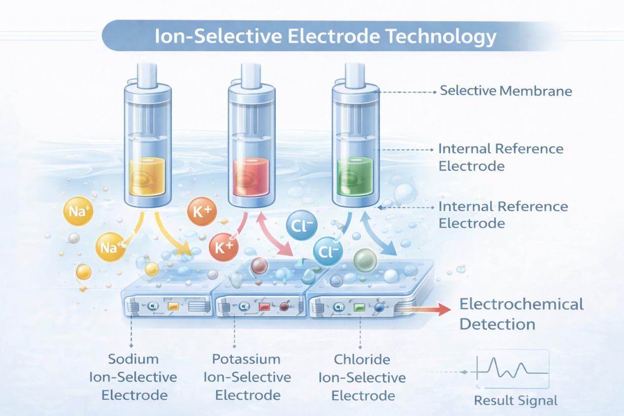 Diagram explaining the dry electrolyte analyzer working principle using ion-selective electrode technology to detect sodium, potassium, and chloride ions.