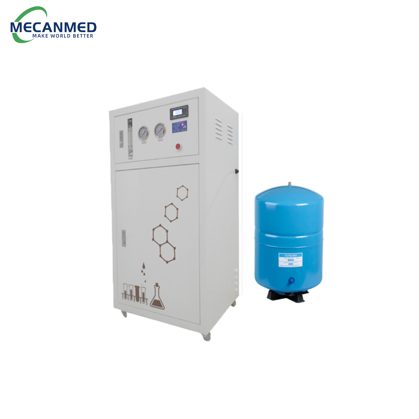 A MECANMED deionized water machine for pure water production, essential medical laboratory equipment for clinical diagnostics.