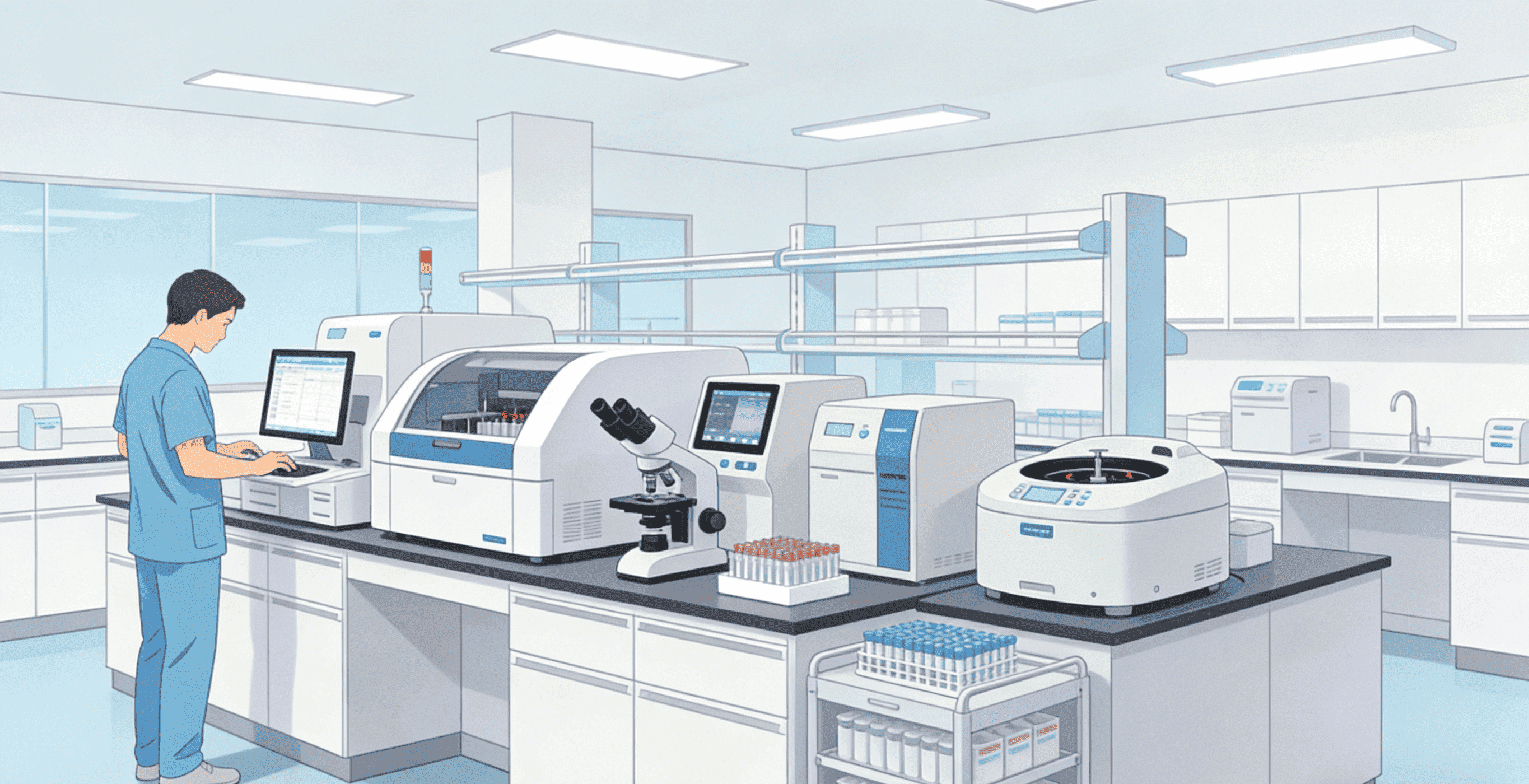 A technician operating modern medical laboratory equipment in a clinical lab setting.