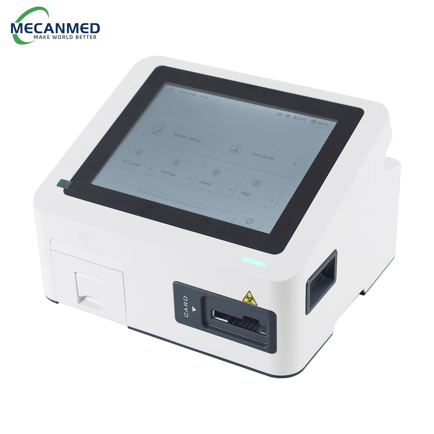 A MECANMED dry blood gas analyzer with touchscreen interface operating in hospital laboratory equipment setup.