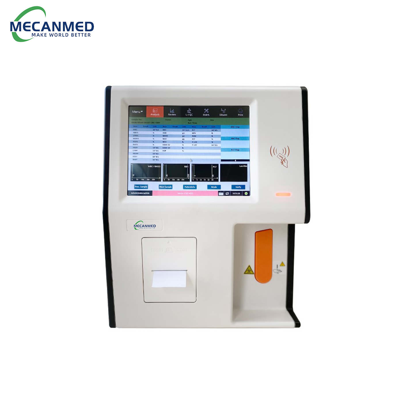 A MECANMED white five-part differential hematology analyzer, essential medical laboratory equipment, displaying live blood test data on its digital touchscreen.