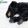 Close-up of the black plush dog model used for canine CPR training, showing detailed features like open mouth and tongue.
