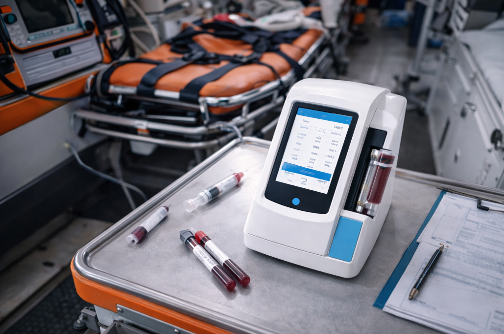 Portable dry blood gas analyzer with disposable cartridges.