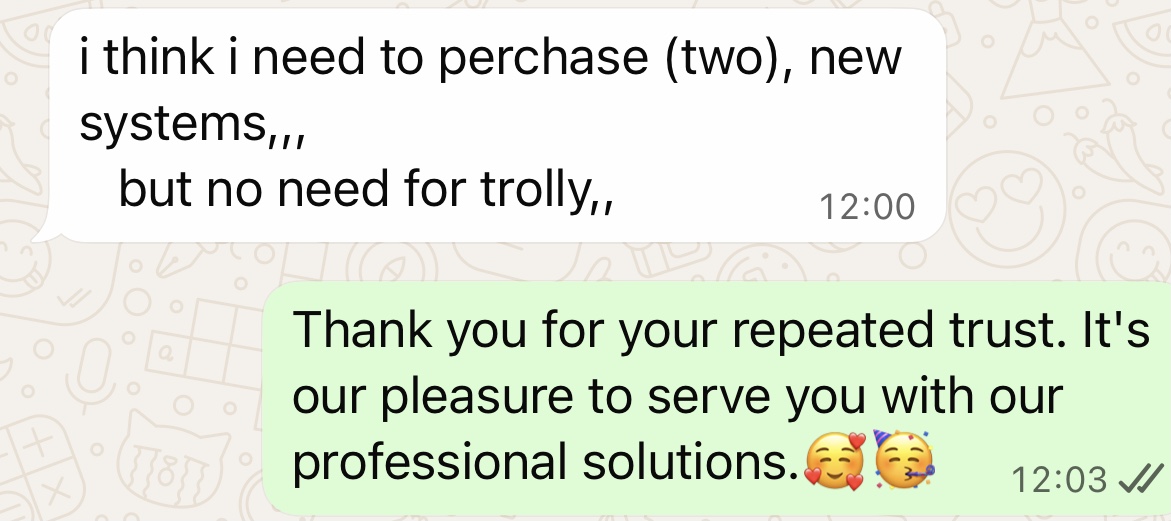 WhatsApp message confirming repeat purchase of two Dental Sedation Systems from Iraqi dental clinic