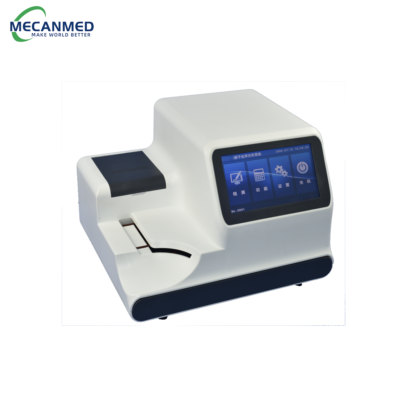 A MECANMED automatic urine analyzer with touchscreen interface, essential clinical lab equipment for automated urinalysis testing.
