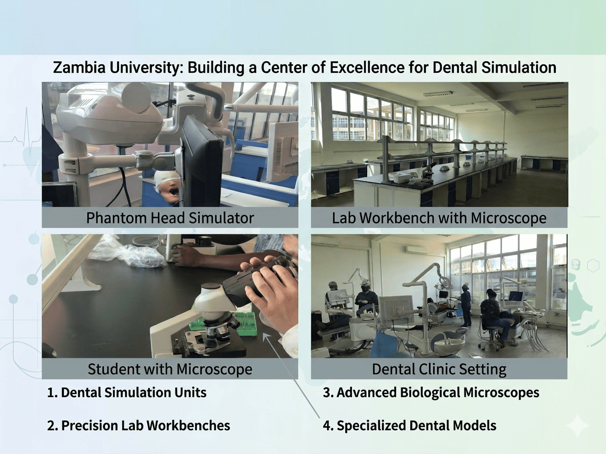 Laboratoriu avanzatu di simulazione dentale &agrave; l'Universit&agrave; di Zambia c&ugrave; unit&agrave; di testa fantasma, microscopi &egrave; banchi di travagliu di precisione.