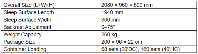 Specifications of single-crank medical bed