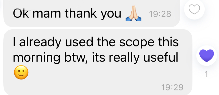 Screenshot of a client testimonial chat message showing real user feedback.