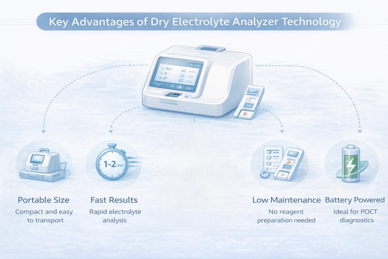 Dry electrolyte analyzer advantages including portable design, fast results and low maintenance.