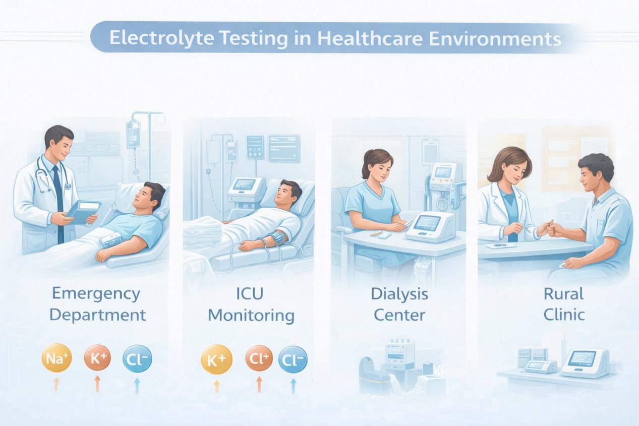 Infographic illustrating electrolyte testing for key ions in four critical healthcare settings: emergency department, ICU, dialysis center, and rural clinic.