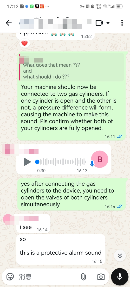 MeCanMed after-sales chat confirming the root cause of dental nitrous oxide system pressure imbalance and alarm.