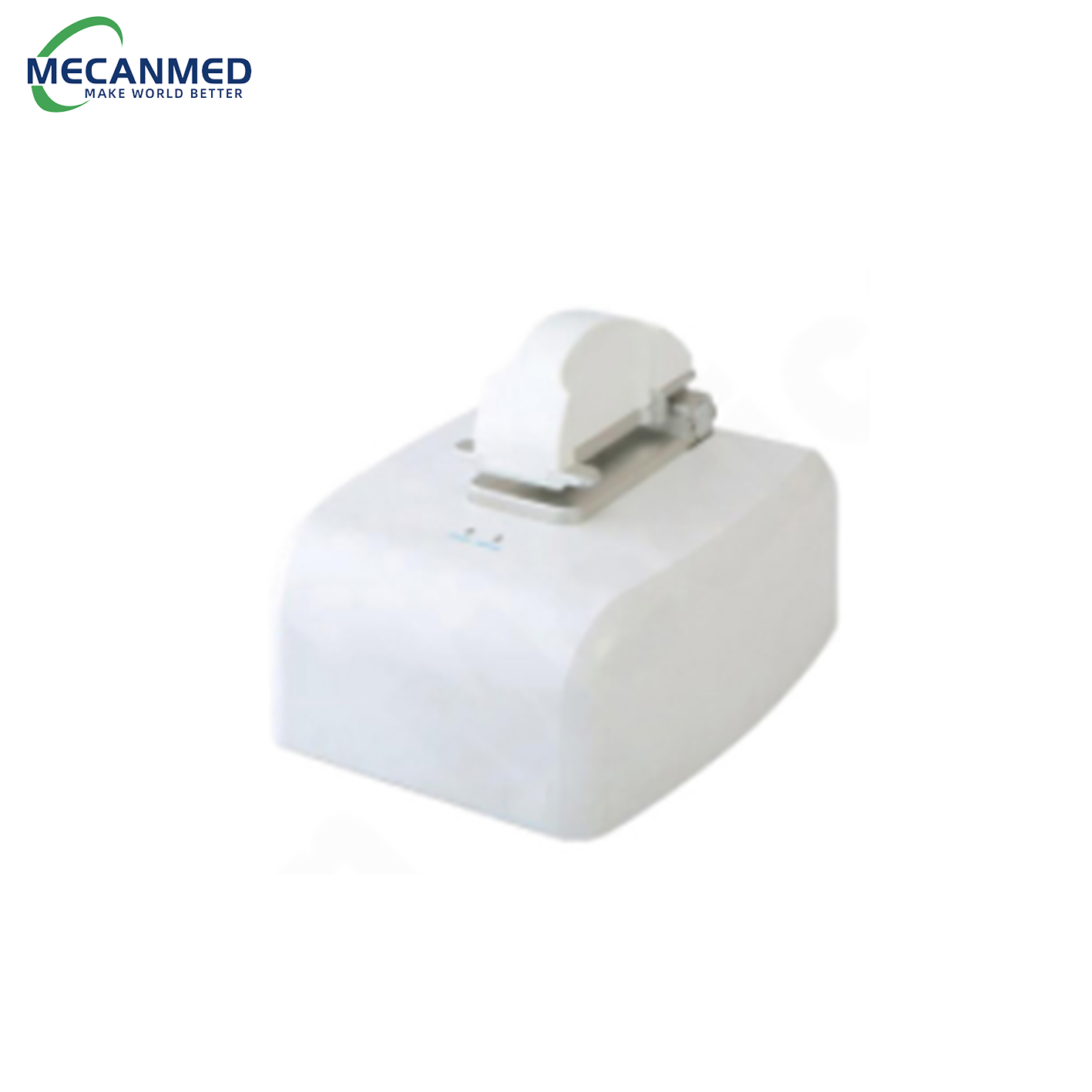 A white MECANMED micro-spectrophotometer with accessory on top, essential medical laboratory equipment for precise measurements.