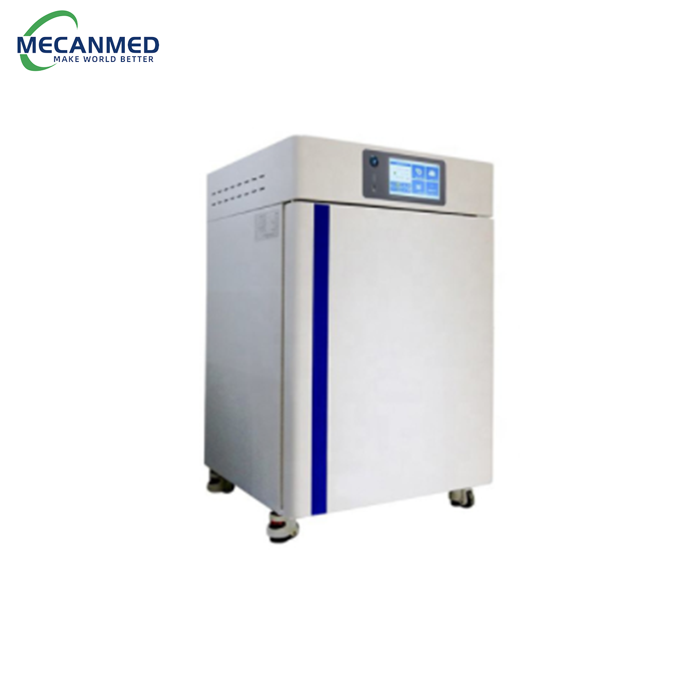 A MECANMED CO2 incubator for cell culture, essential clinical lab equipment with digital display and blue accent design.