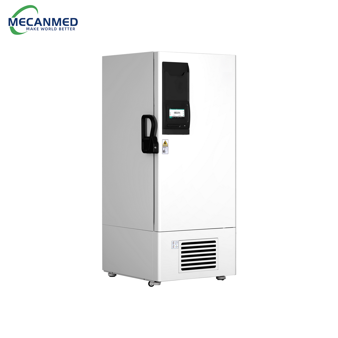 A silver MECANMED ultra-low temperature freezer set to -40~-86&deg;C, essential hospital laboratory equipment for sample storage.