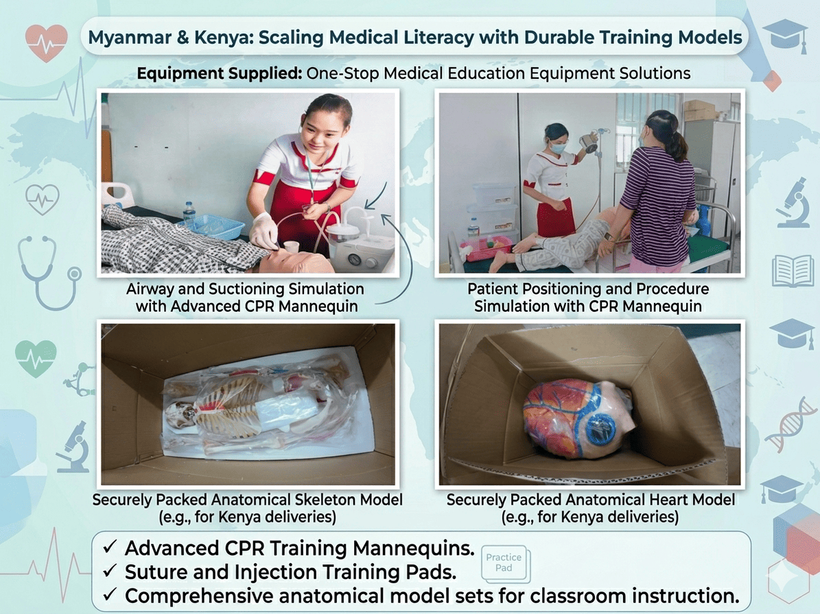 Modelli durevoli di furmazione medica per Myanmar &egrave; Kenya, c&ugrave; manichini CPR &egrave; set di scheletri anatomici imballati in modu sicuru.