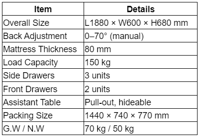 Technical Specifications of manual gynaecology operating table