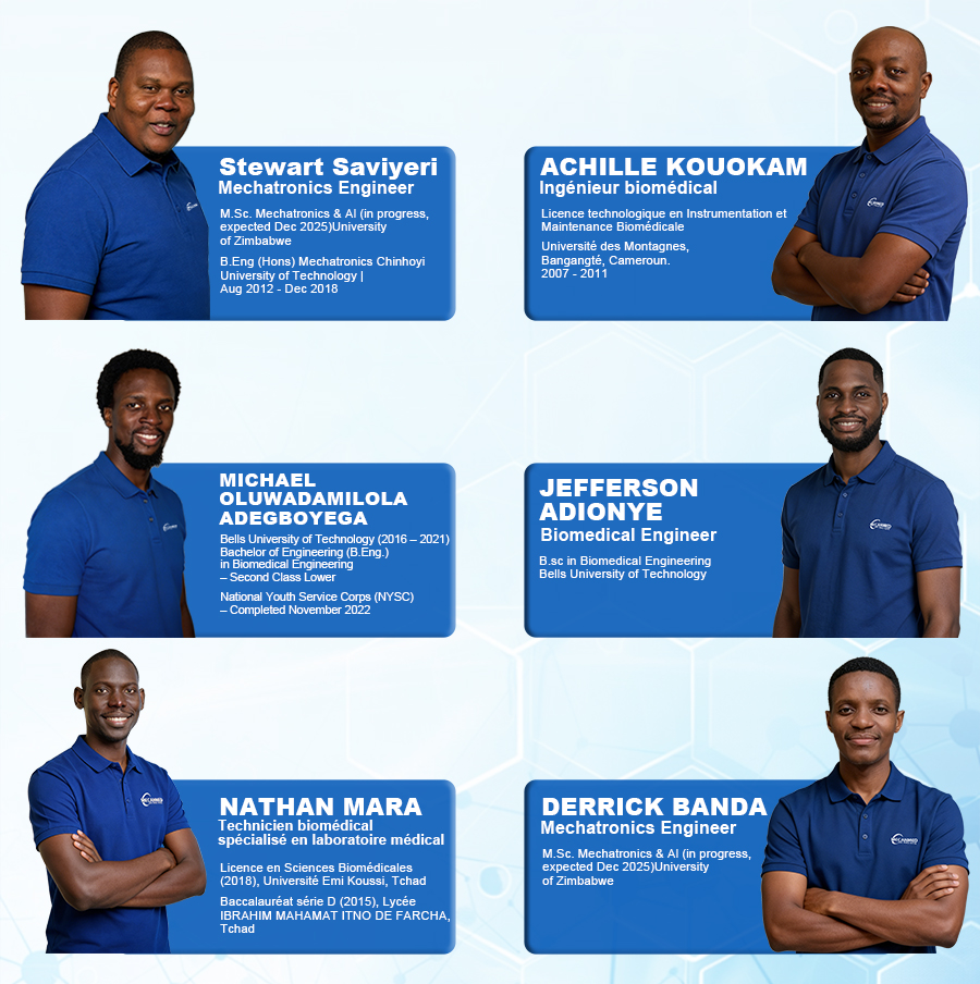 Educational background of our 6 medical equipment engineers serving Zimbabwe, Cameroon, Nigeria, Zambia, and Chad.