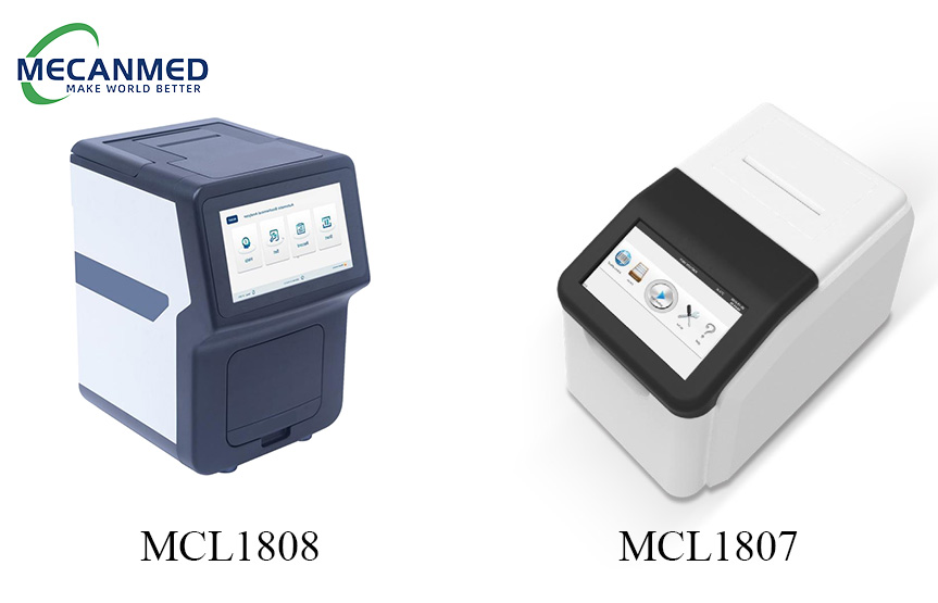 Two MECANMED dry chemistry analyzers, models MCL1808 and MCL1807, displayed side by side on a white background.