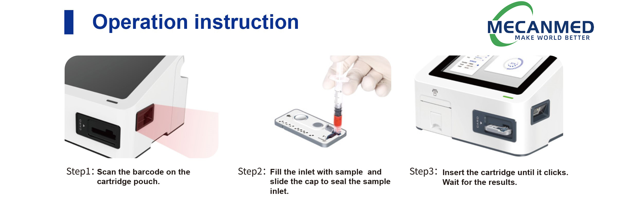 Operation instruction for MECANMED portable dry blood gas analyzer showing 3-step testing process: scan barcode, fill sample, insert cartridge.