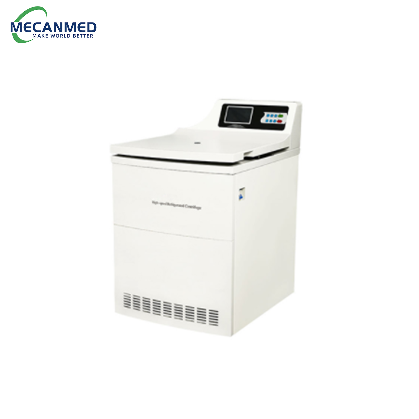 A MECANMED floor-standing high-speed centrifuge with digital display and ventilation grilles, essential clinical lab equipment for sample processing.