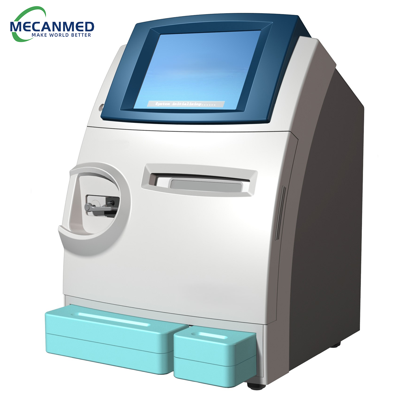 A MECANMED wet blood gas analyzer with blue display and reagent drawers, essential medical laboratory equipment for clinical diagnostics.