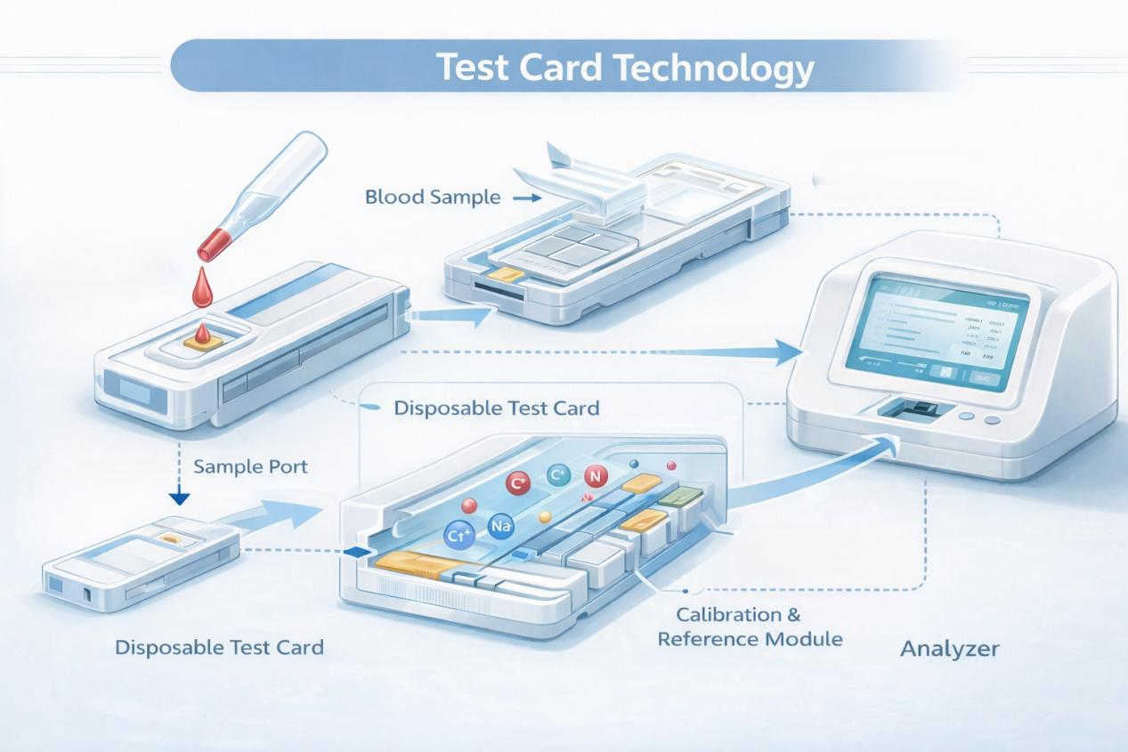 Flowchart illustrating the working principle of test card technology in a MECANMED dry electrolyte analyzer, from sample addition to analysis.