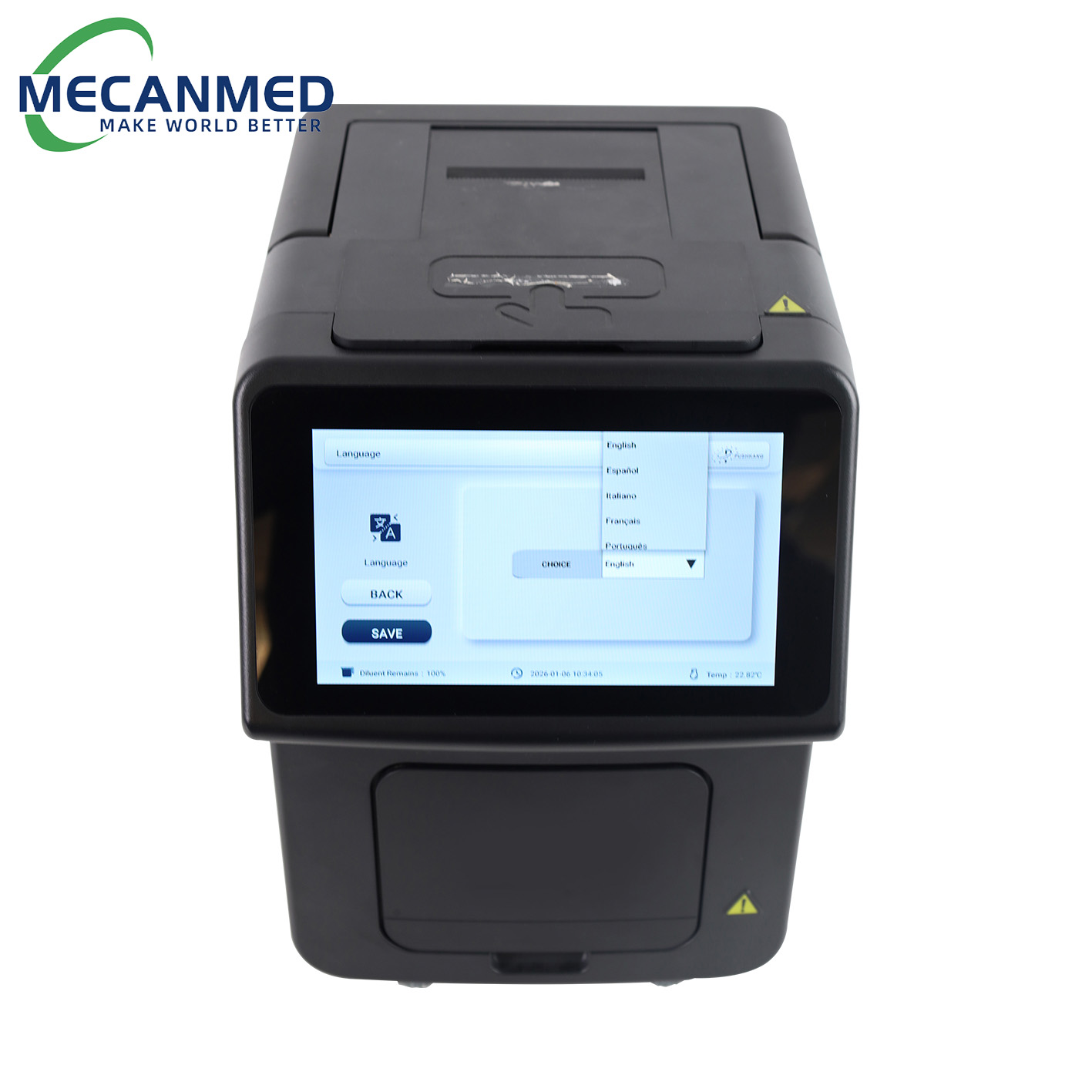 Black MECANMED dry chemistry analyzer with large touchscreen display and sample loading area.