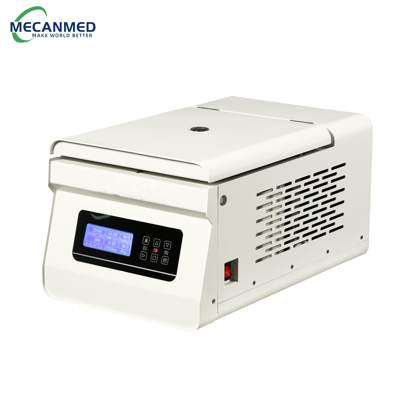 A MECANMED high-speed centrifuge with digital display and ventilation grilles, essential clinical lab equipment for sample separation.