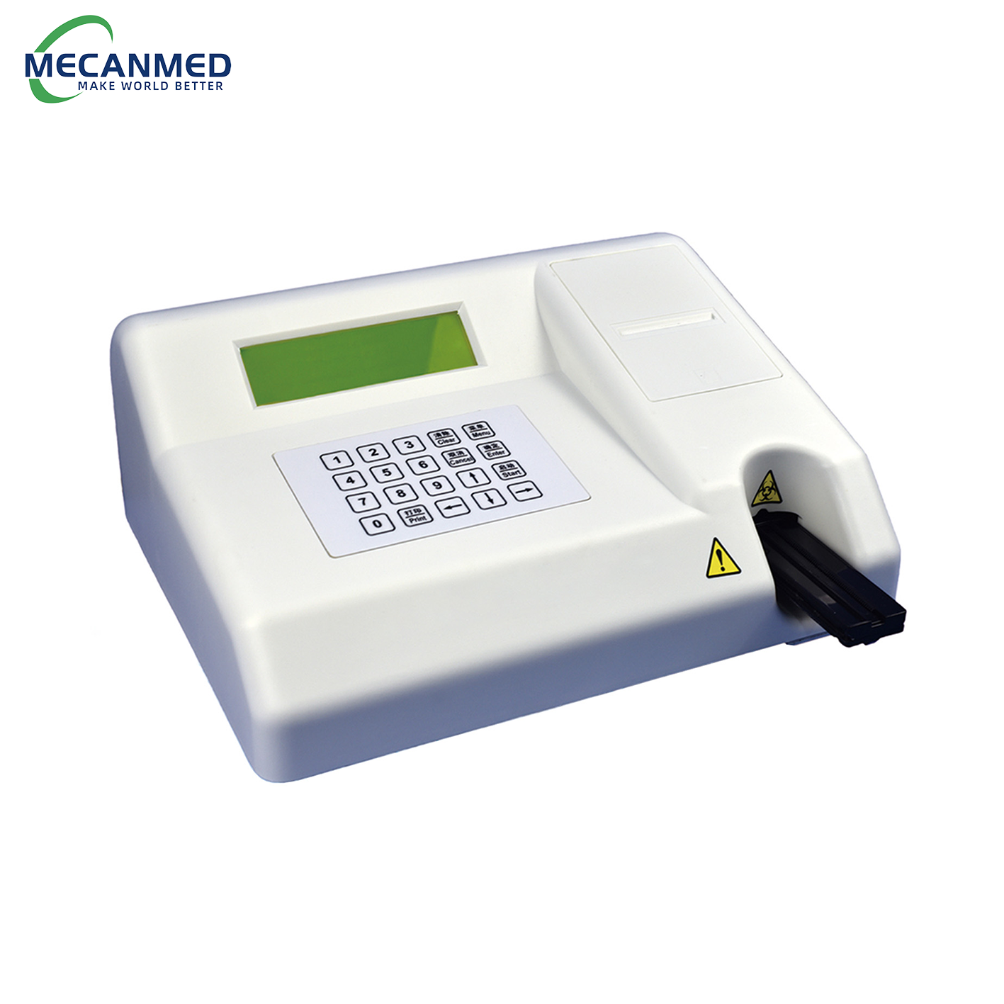 A MECANMED urine analyzer with digital display and test strip slot, essential clinical lab equipment for automated urinalysis.