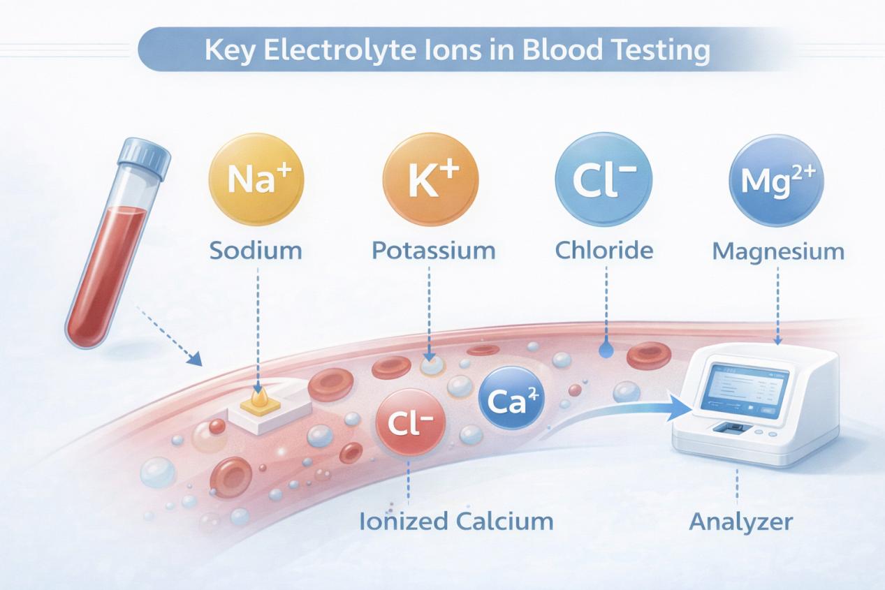 Infographic listing key electrolyte ions like sodium and potassium tested in blood, alongside a modern dry electrolyte analyzer device.