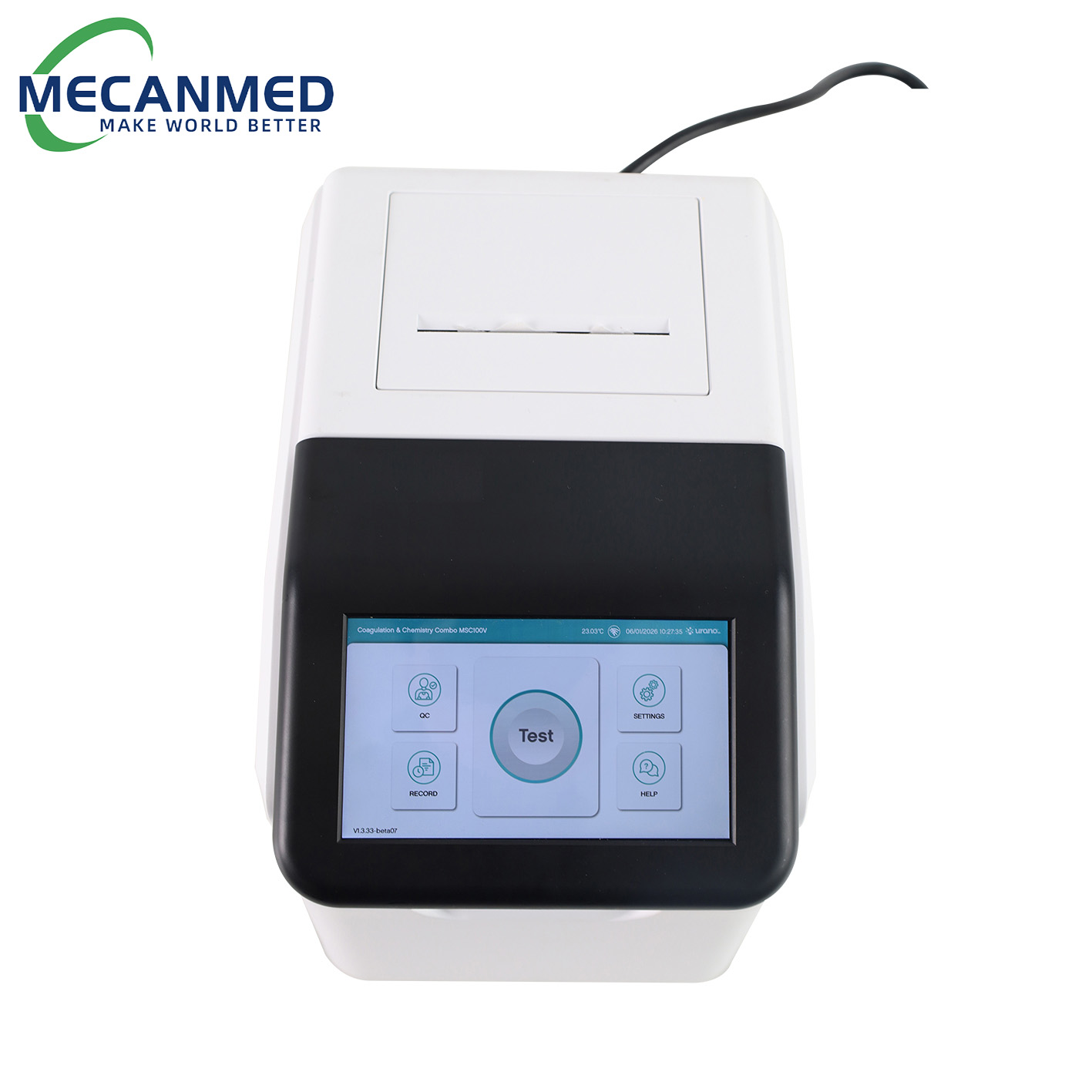 MECANMED dry chemistry analyzer with a large color touchscreen interface and built-in result slot.