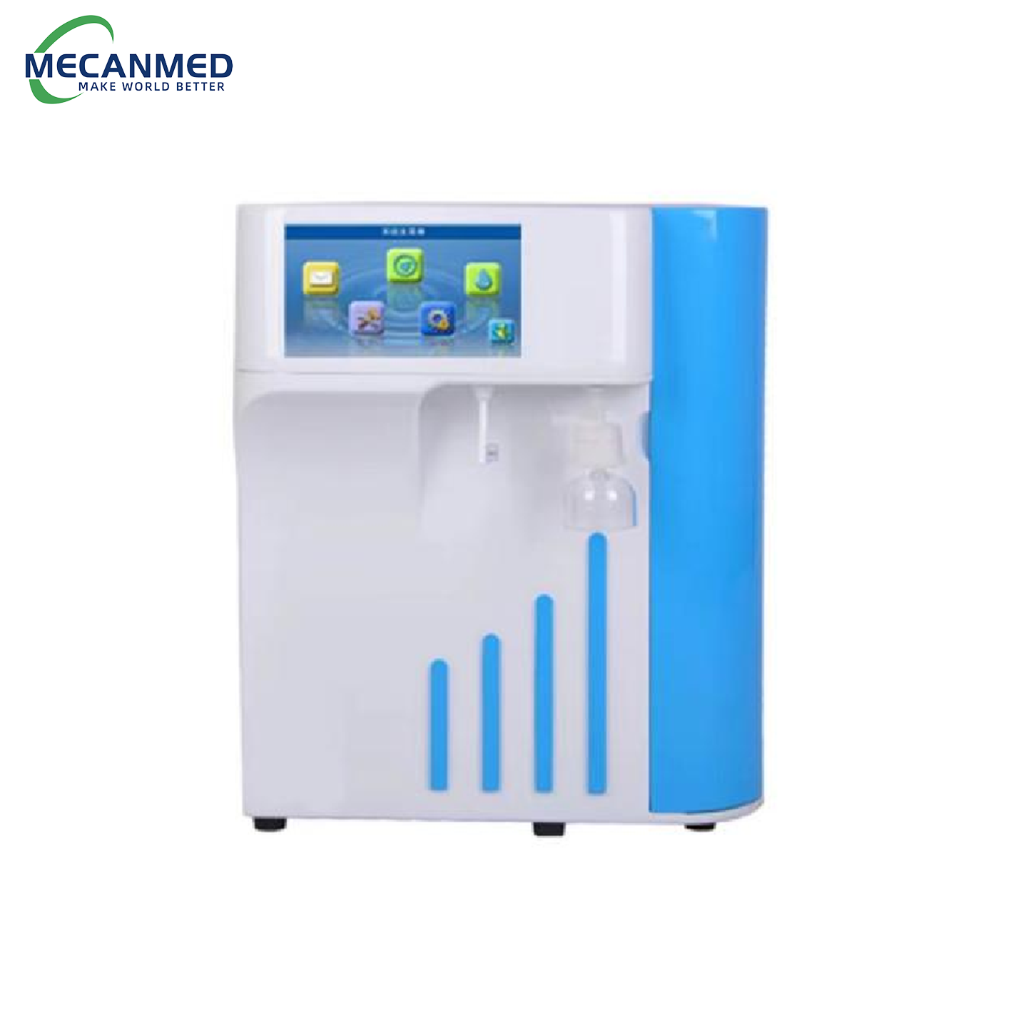 A MECANMED ultrapure water machine with two-tone design and display, essential medical laboratory equipment for water purification.