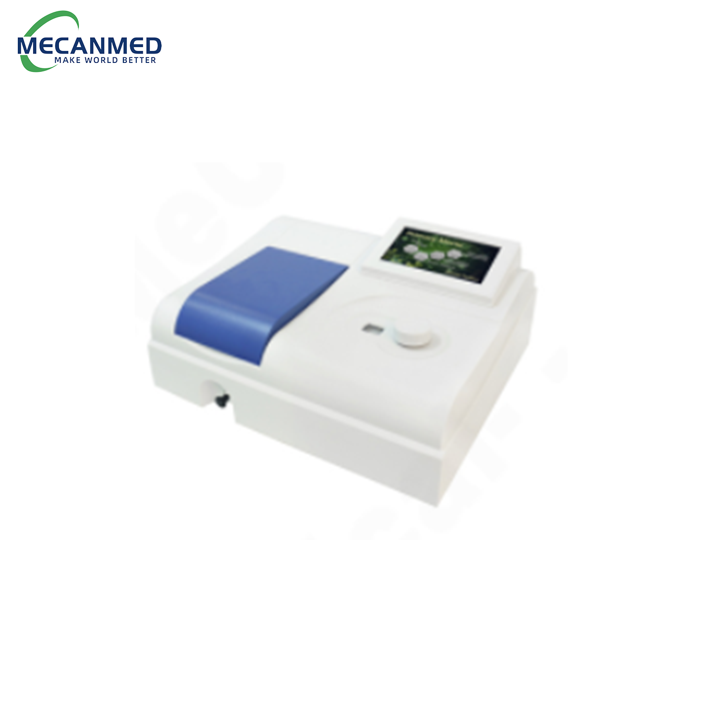 A MECANMED visible spectrophotometer with blue side panel and color display showing data, essential medical laboratory equipment.