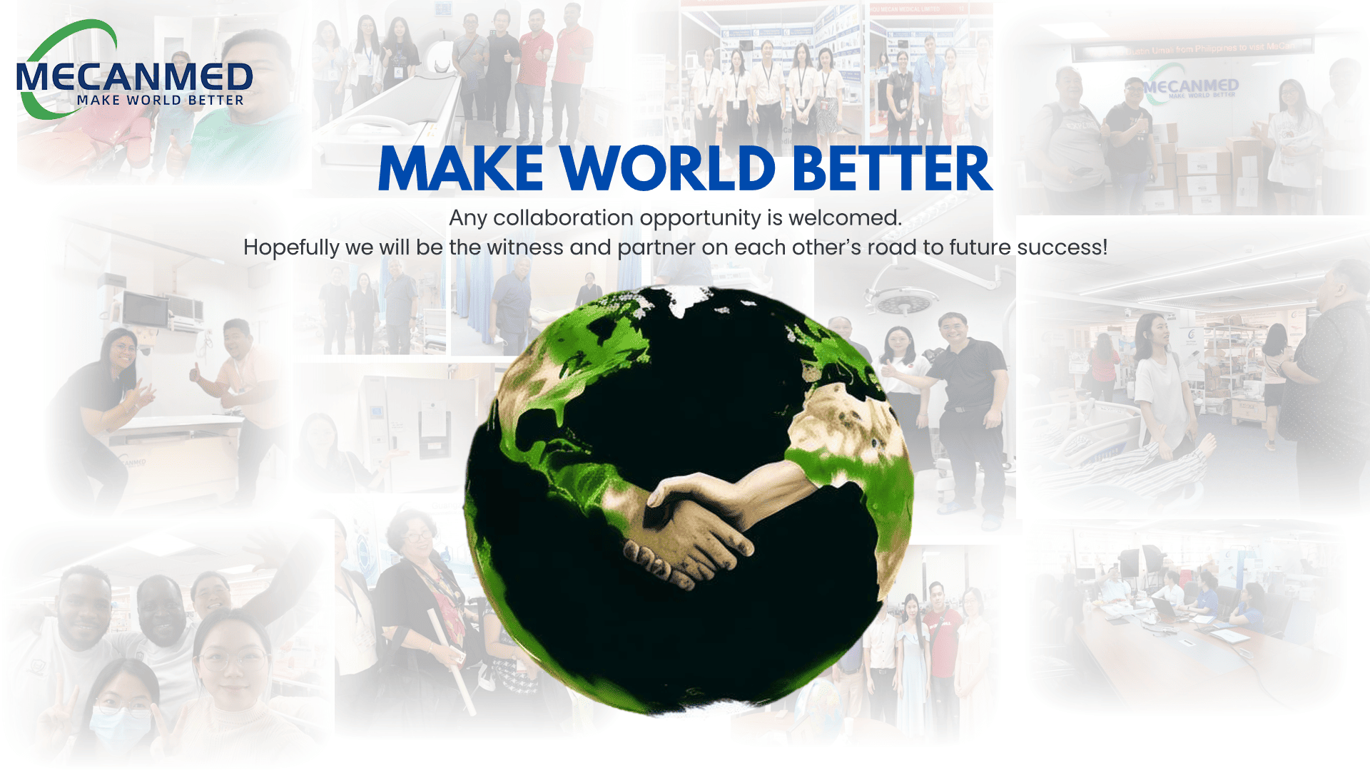 MECANMED collaboration poster featuring hands shaking on a globe with text "MAKE WORLD BETTER" and invitation for partnership in clinical lab equipment industry.