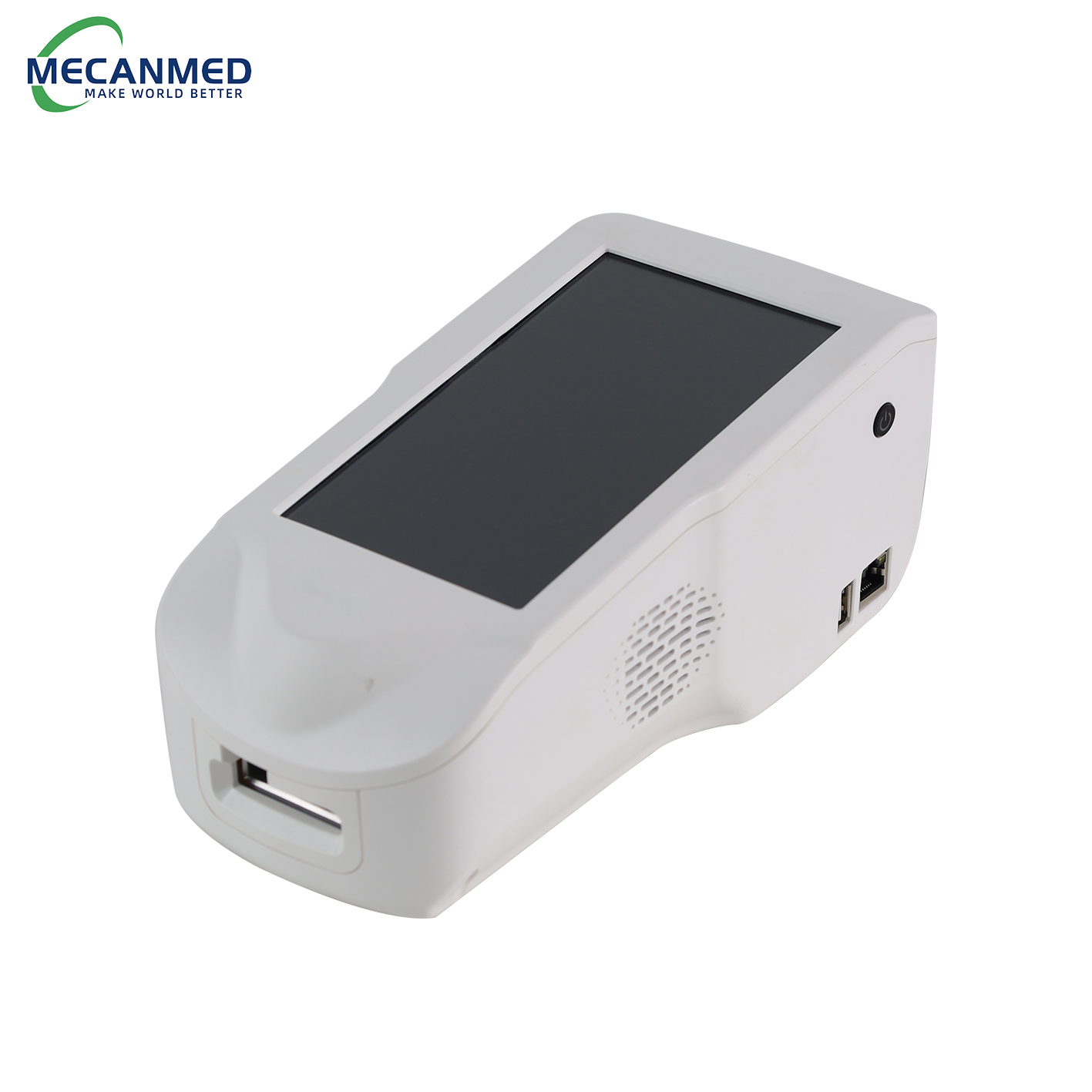 A MECANMED dry electrolyte analyzer with touchscreen display, essential clinical lab equipment for rapid ion testing.