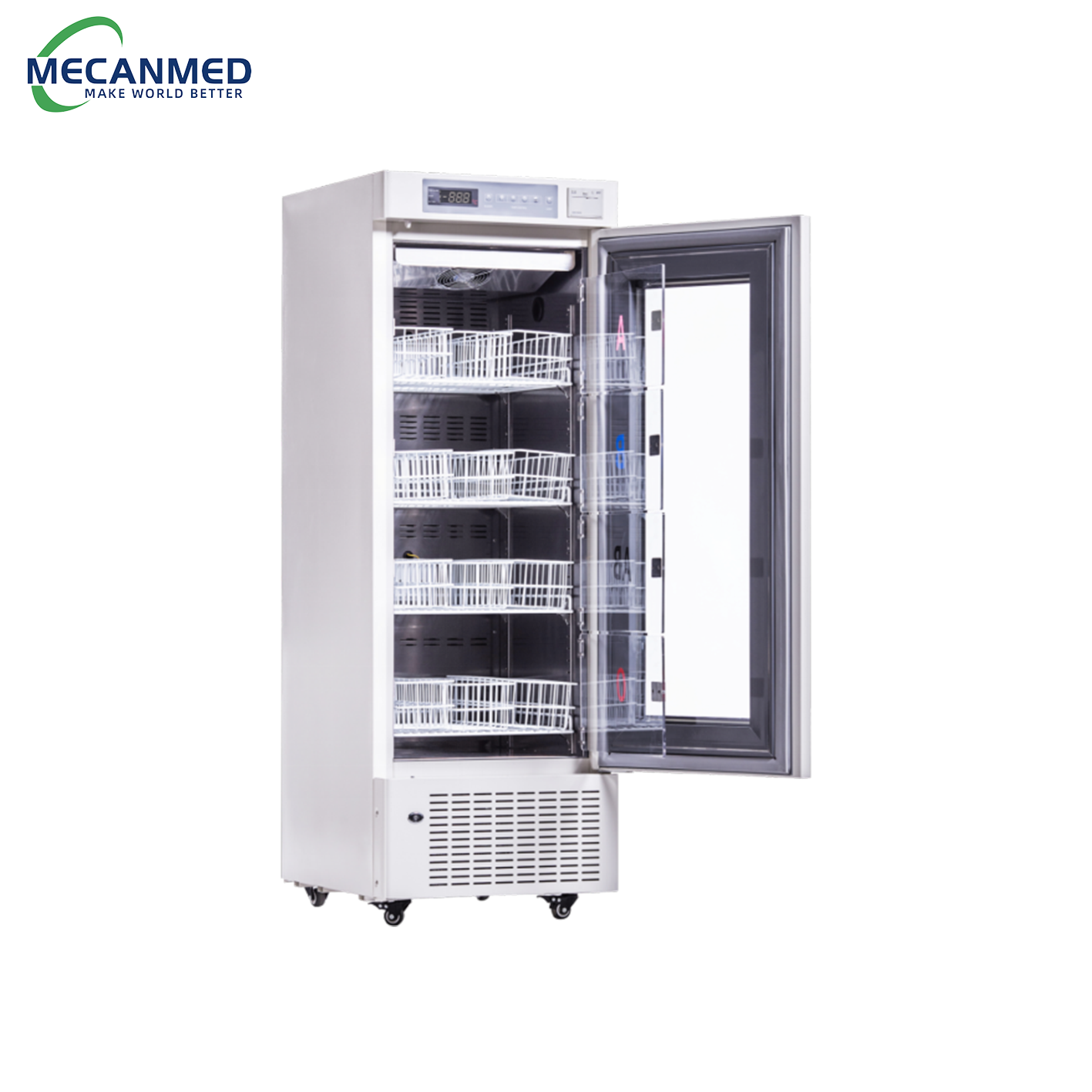 A MECANMED blood bank refrigerator set at +4&plusmn;1&deg;C with open door showing internal shelves, essential hospital laboratory equipment for blood storage.