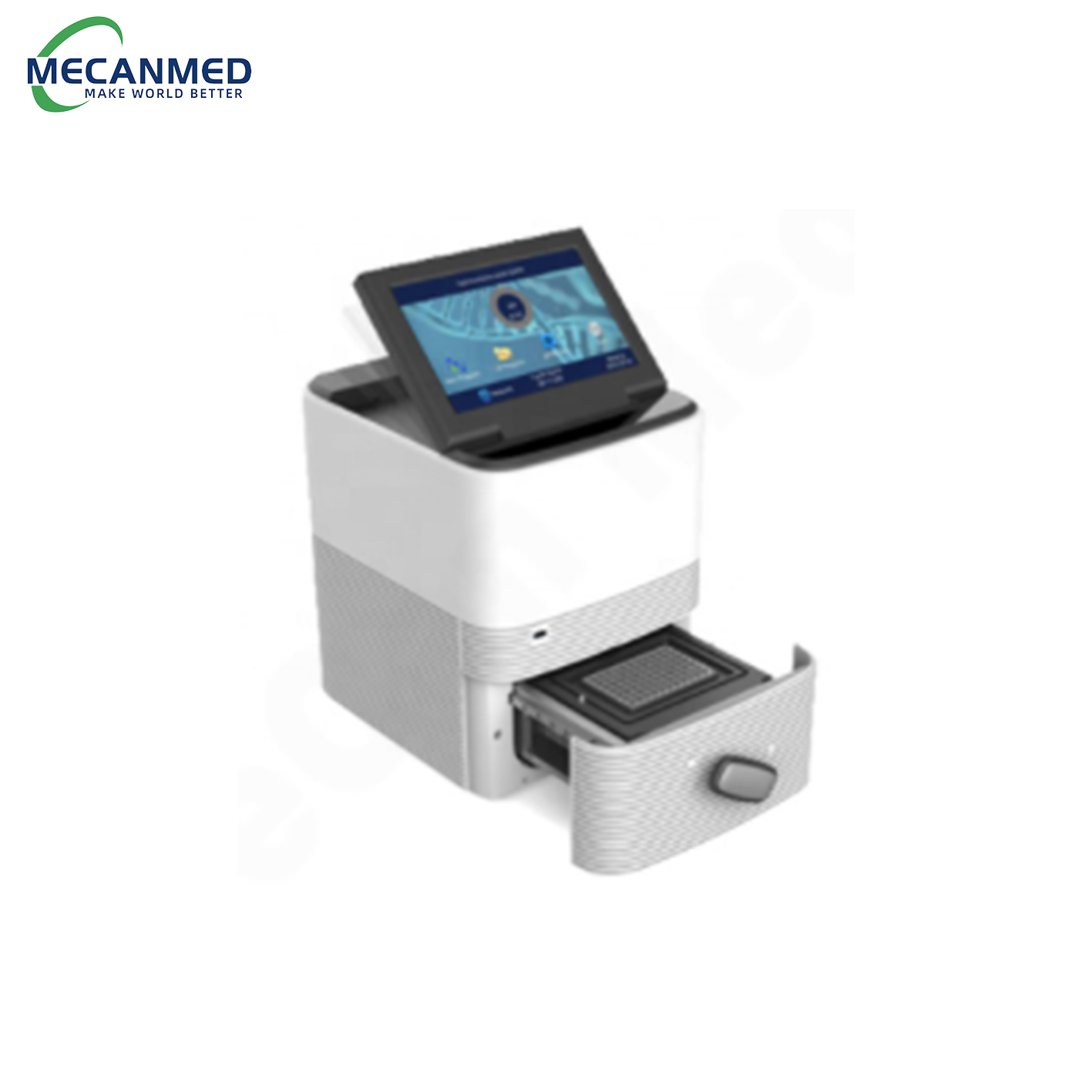 A MECANMED real-time qPCR system with color touchscreen displaying data analysis, essential medical laboratory equipment for molecular diagnostics.