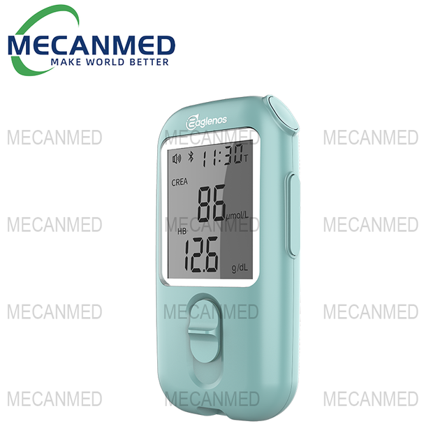 MECANMED portable creatinine meter displaying 86 μmol/L creatinine and 12.6 g/dL hemoglobin results for home health monitoring.