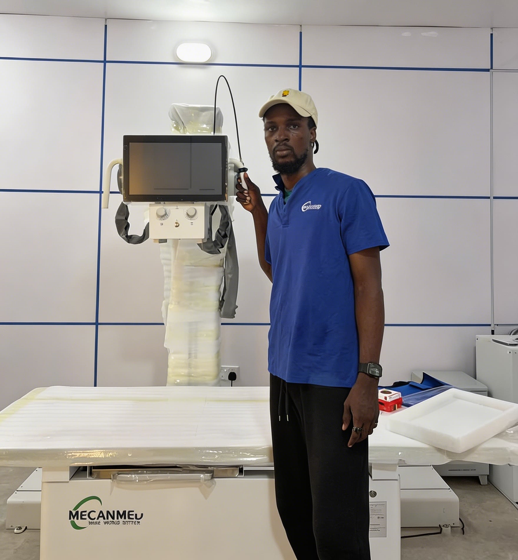Our expert engineer providing on-site installation and calibration for a stationary medical X-ray machine in a Nigerian hospital.