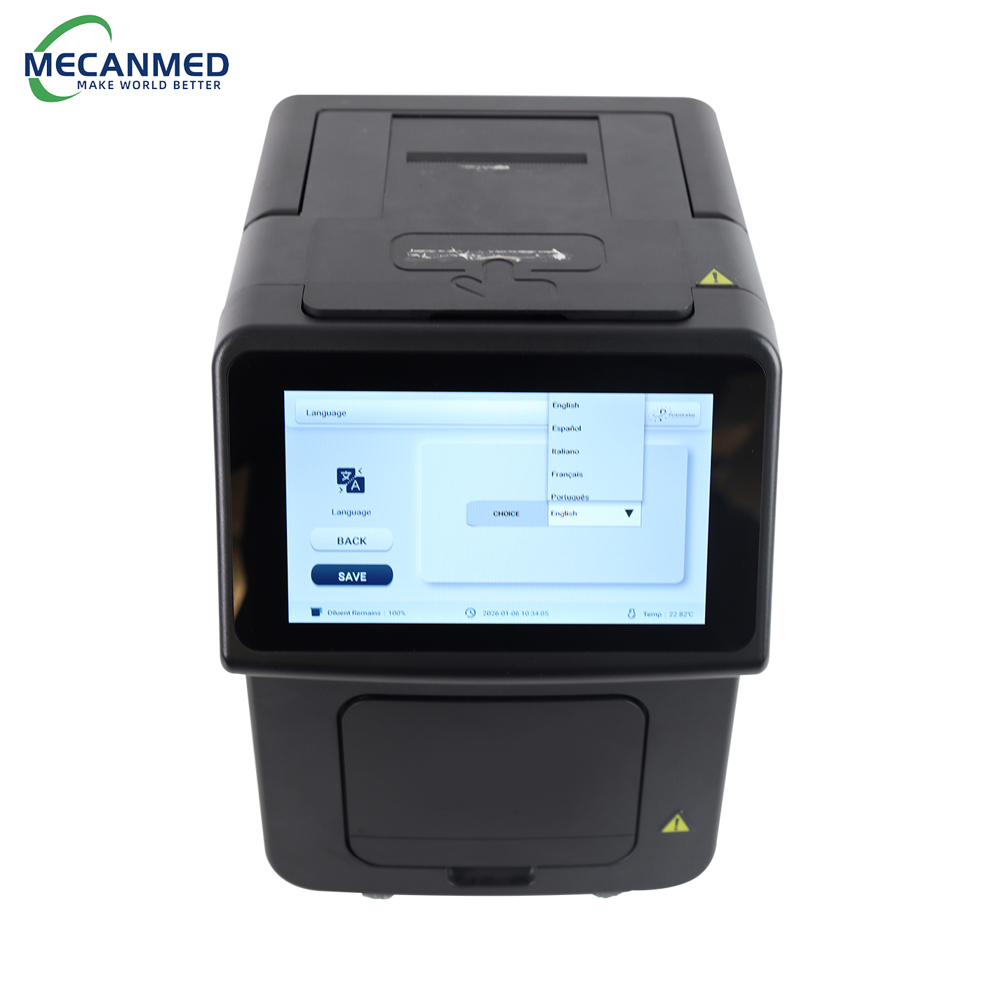 A MECANMED dry chemistry analyzer, essential medical laboratory equipment, sits on a white surface with its display showing the testing interface.