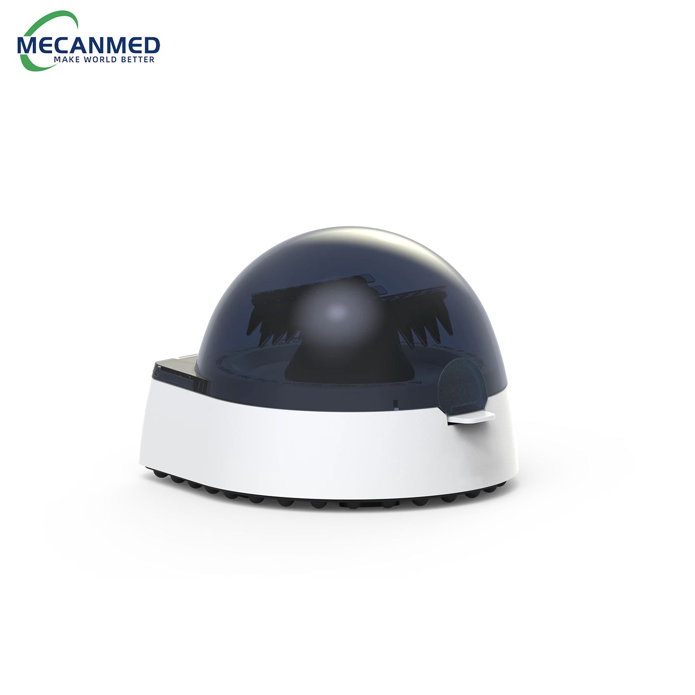 A MECANMED micro centrifuge with dark blue transparent lid and white base, essential clinical lab equipment.
