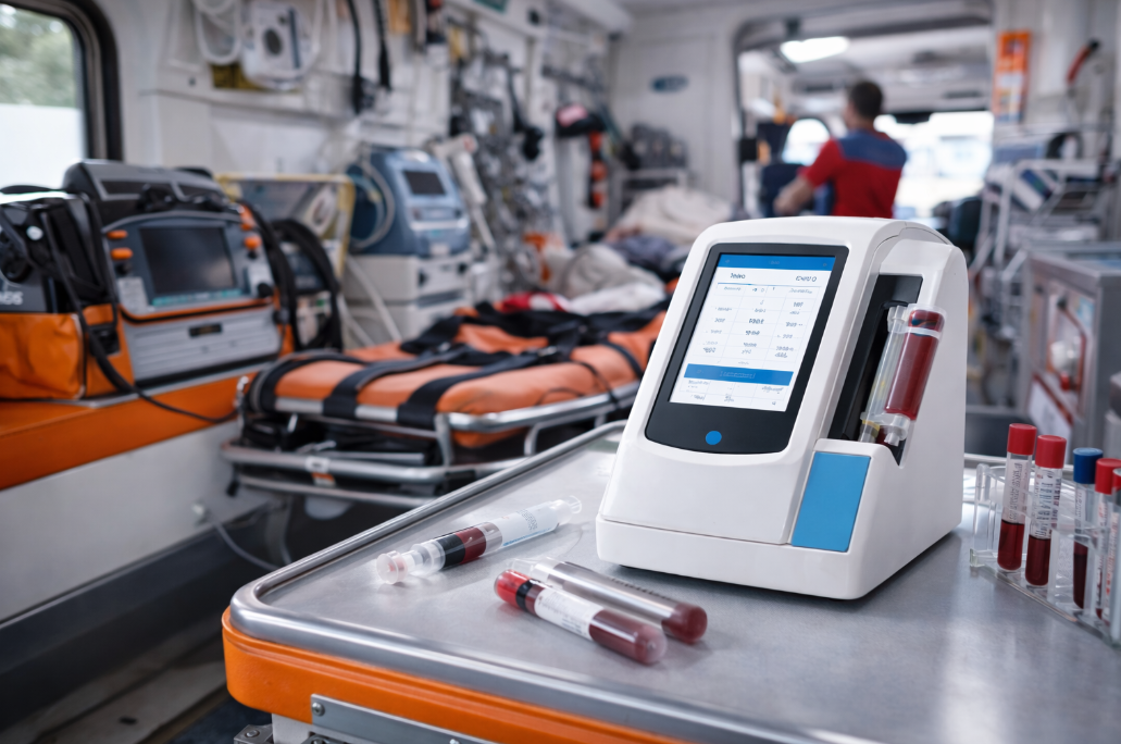 Dry blood gas analyzer deployed in a mobile emergency transport or ambulance setting for rapid point-of-care testing.