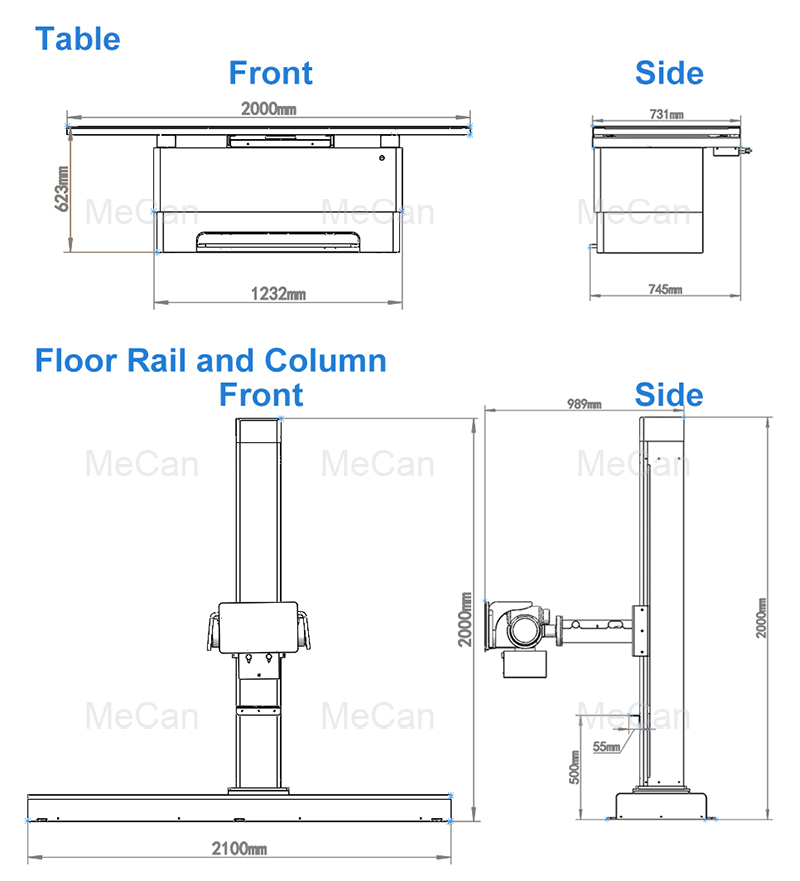 Size of 32KW-65KW Radiographic Table