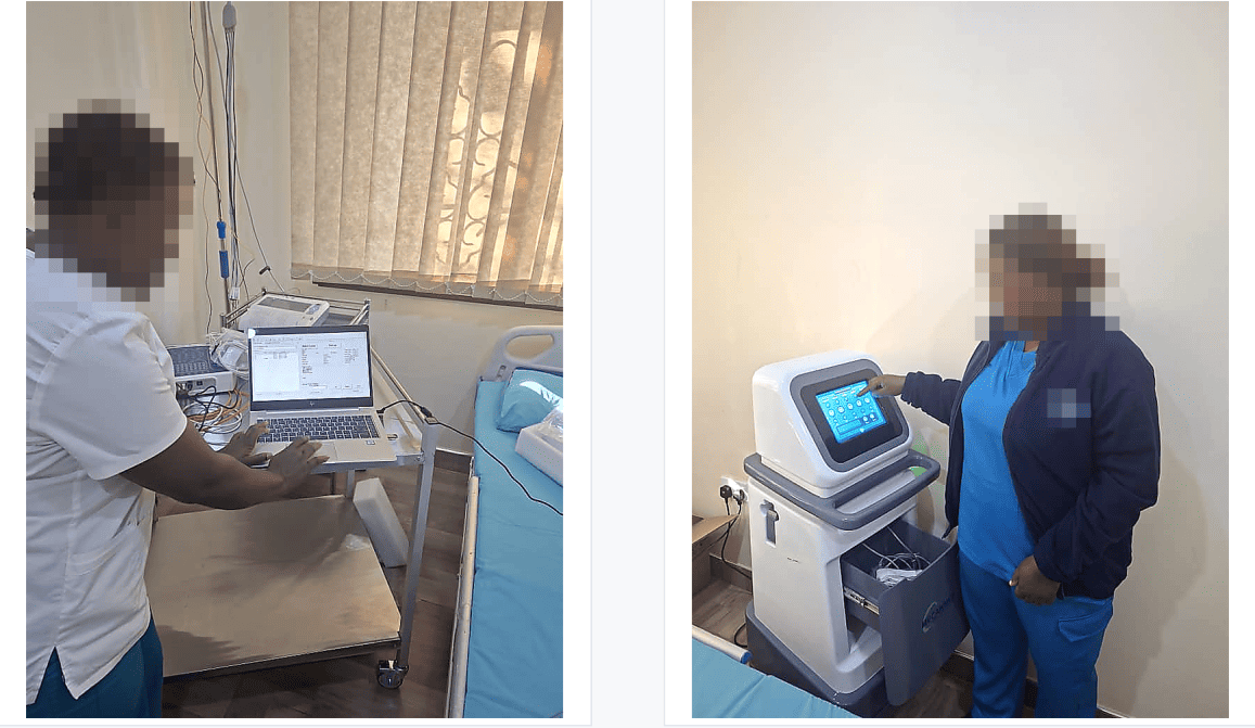 Healthcare staff learning medical equipment operation, including software use and the TMS touchscreen interface.
