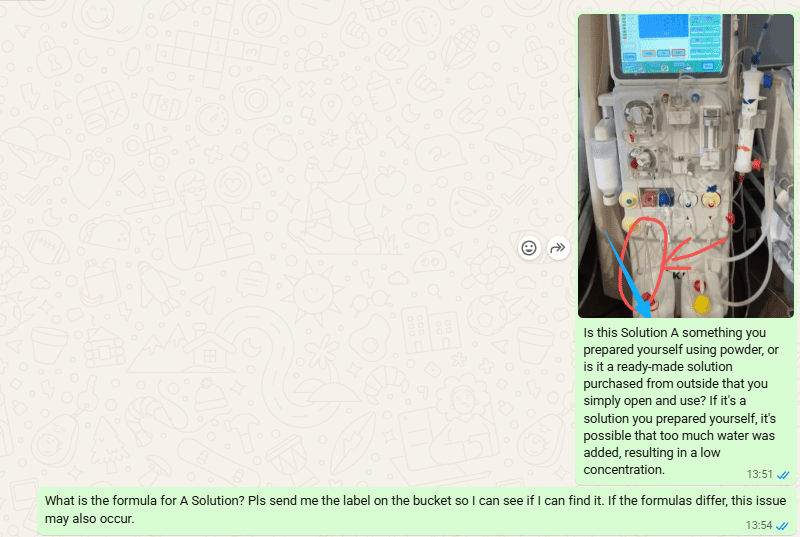 Remote support message asking the customer to identify the A concentrate solution used with the hemodialysis machine.